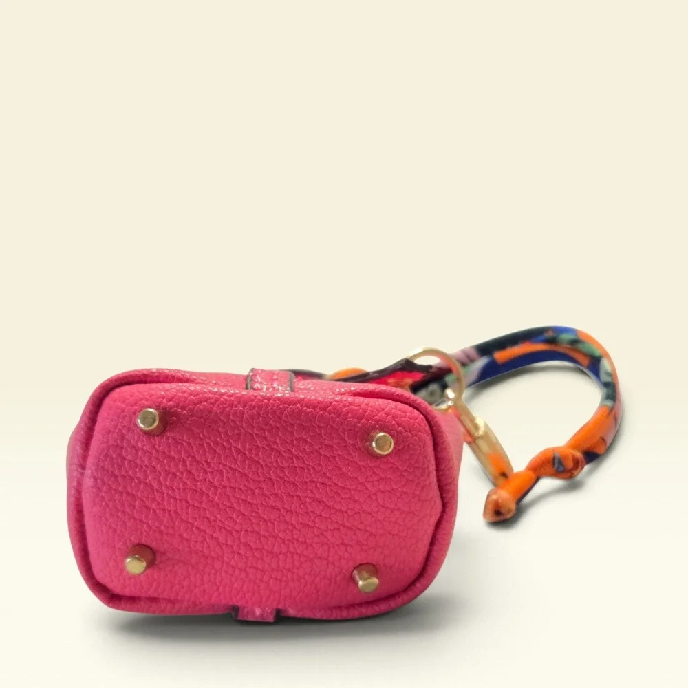 Pink Vegan Leather Mini Bucket Bag Charm With Lock And Scarf Detail